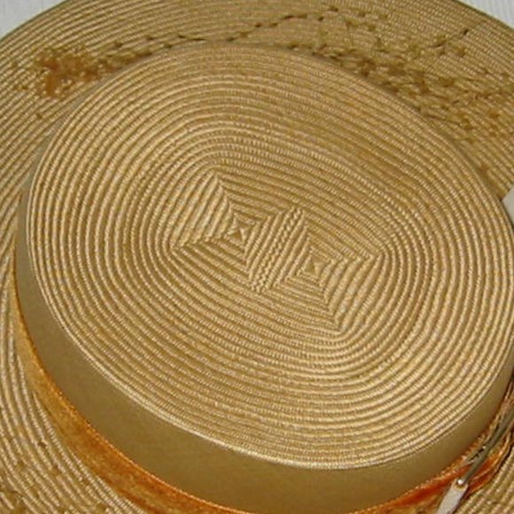 Leslie James Designer Straw Hat Orange Belt Brass Buckle Accent